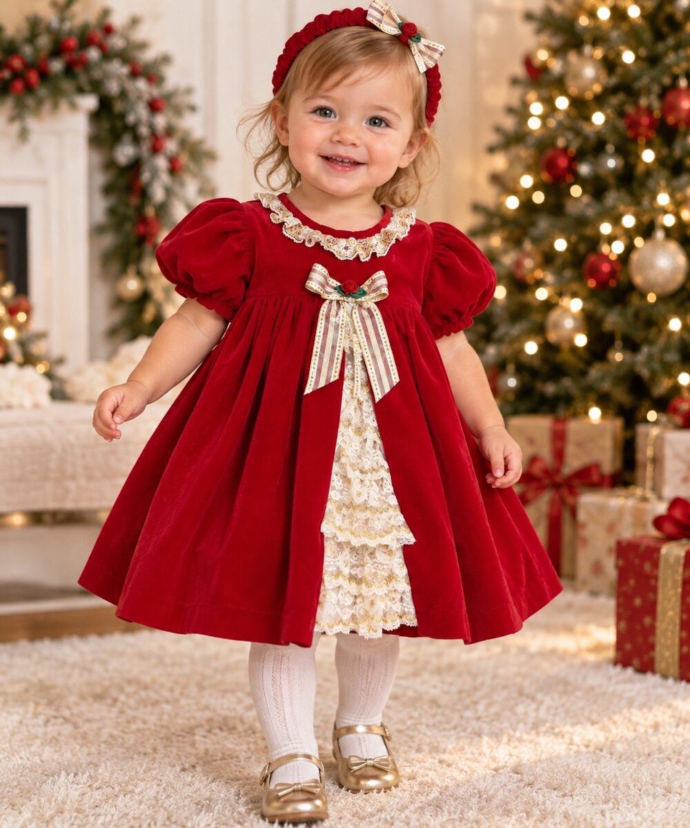 Rose Cottage Vintage Christmas Princess Dress 18m Red Velvet Lace Holiday Set